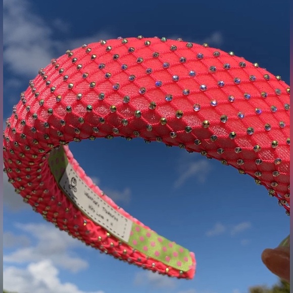 Hot Pink Padded 1.5” Headband with Rhinestone-Adorned Mesh Overlay Handmade New - Picture 8 of 10